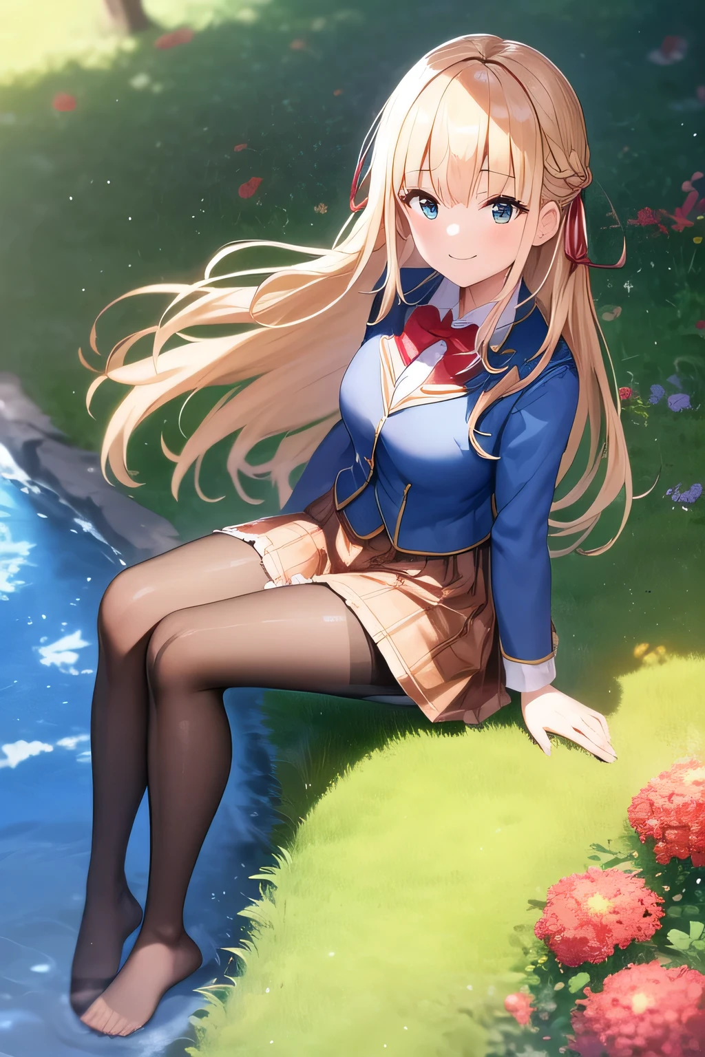 Tsukasa, red bow tie, Braid, 1 girl,  blonde hair,  white hair ribbon, masterpiece, highest quality, 1 girl, blue jacket,  white shirt,  , plaid skirt,   brown skirt, (((black pantyhose))), pleated skirt,  barefoot, barefoot, get your knees up, dress, sitting, looking at the viewer, (((lots of flowers))), flower garden, A big smile, outdoor, on the ground, full body, animal, Day light, dappled Day light, Day, Depth of the bounds written, 