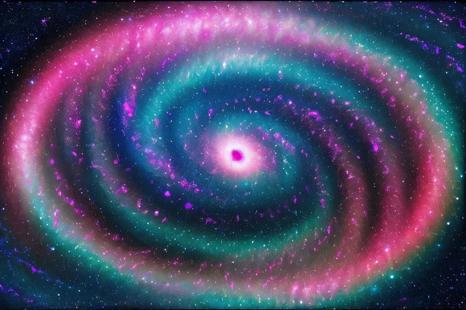 In the vast expanse of space, swirling galaxies dance with vibrant hues and celestial elements. A breathtaking spiral galaxy dominates the scene, its arms bursting with vivid colors and glittering stars. This awe-inspiring image, likely a digitally enhanced photograph, captures the beauty and mystery of the cosmos in exquisite detail. Every pixel is a masterpiece, seamlessly blending hues of blue, purple, and pink to create a mesmerizing cosmic landscape that is truly out of this world.