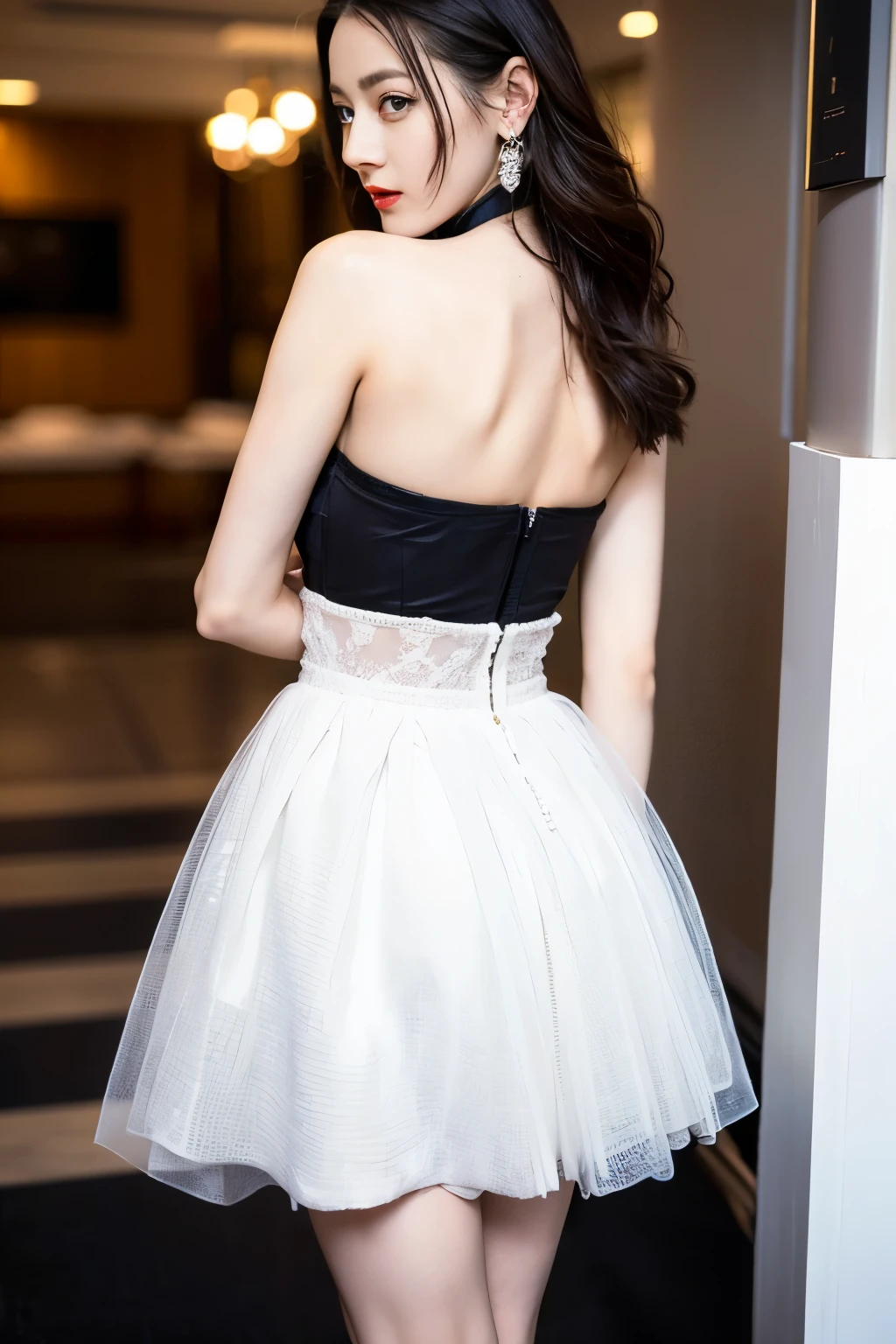 ((top quality、8K、​Masterpiece:1.3))、Extremely delicate beautiful girl，huge breasts，bigger breasts，amazing breast size，G cup，Sunset。Wear big earrings，Very white skin，moist red lips，Waist is very thin，Thighs are very thin，big ass，exposed，fair and smooth skin，Smooth and fair skin，flawless skin，Fair and shiny skin，cold white skin，The camera focuses on the chest，bright light，Bandeau dress，transparent skirt，Openwork skirt，exposed的肩膀，white hair，The hair is gray，后背exposed到臀部，后背exposed到腰臀线，Smooth white back，Stand sideways，Turn around