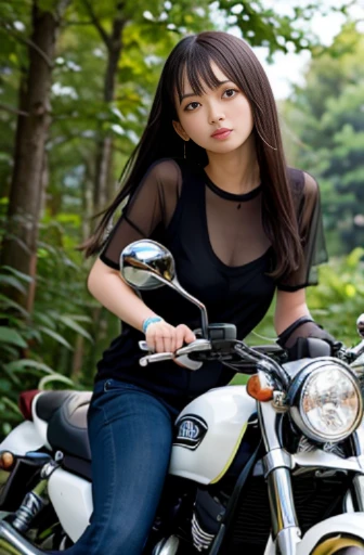 best quality, detailed, beautiful, insanely detailed, absurdres,perfect anatomy, Japanese woman,black hair,27 years old, (slender), (small breasts),(long exposure:1.0), full body shot, (Riding a motorcycle in a forward leaning position:1.1), speeding down a straight road, (View from below:1.3)