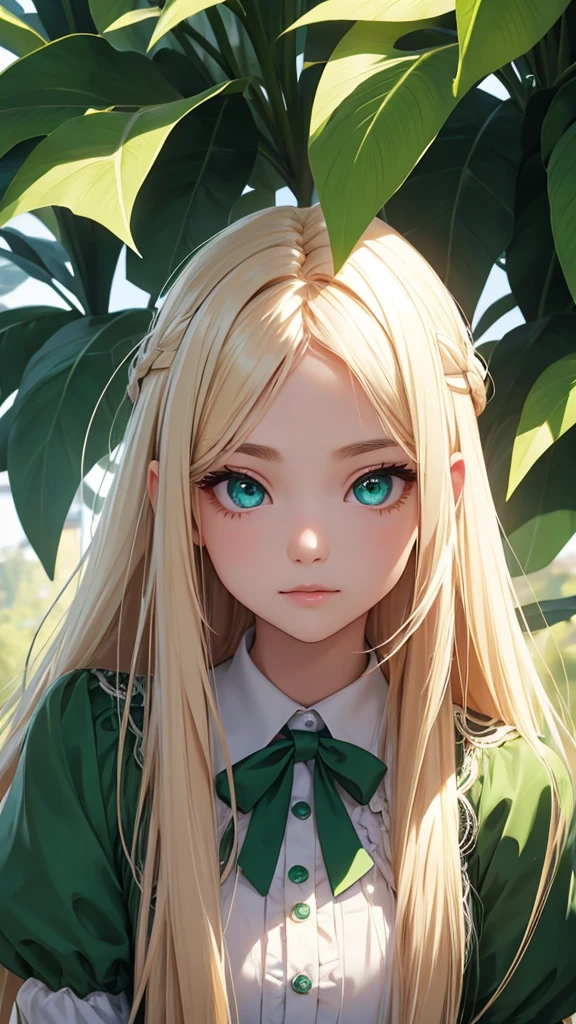highest quality、realistic、girl、zoom、look up、cute、emerald eyes、blonde hair、straight hair、long hair、comb your hair、white blouse、face close up、slender