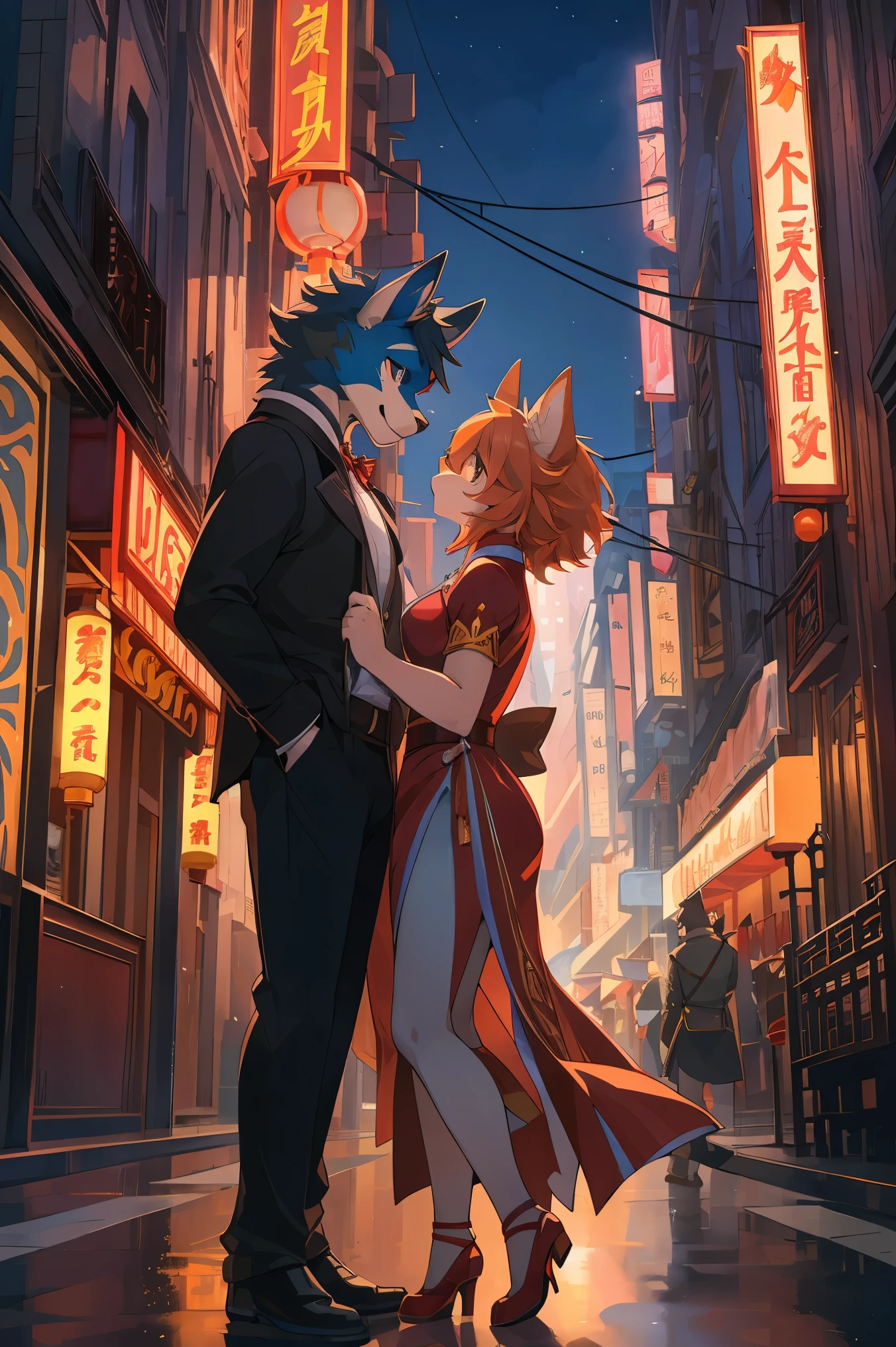 movie poster, movie artwork, concept art of love, romance novel cover, highres, top quality, best quality, perfect artwork, absurdres, perfect anatomy(couple, young 1male detective, 1woman in Chinese dress)(furry, kemono, anthro) in a city street at night, moulin rouge,