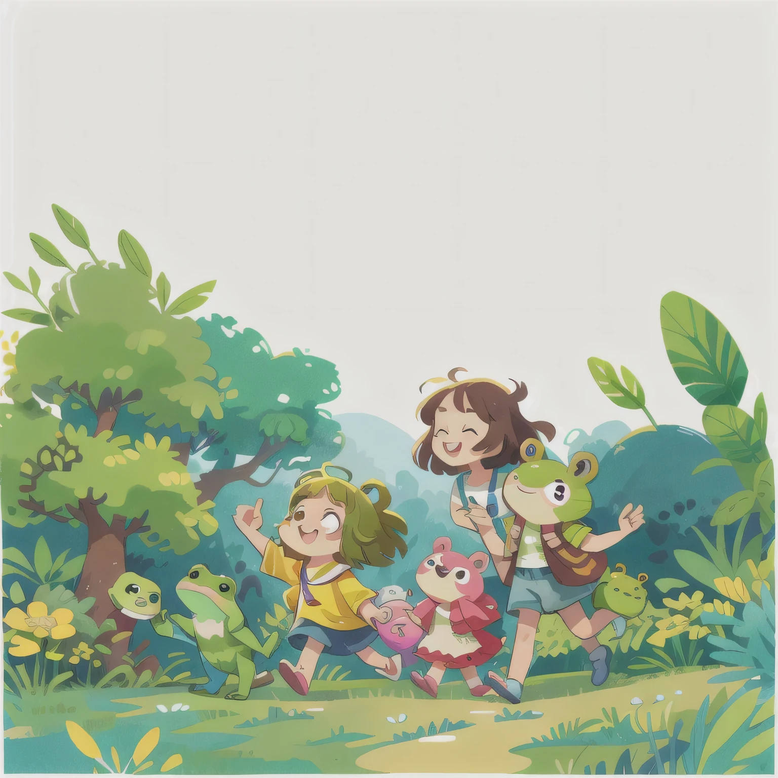 Animals on a Spring Outing, In the cute sketch style of a traveling frog,Happily exploring the unknown world.High color saturation