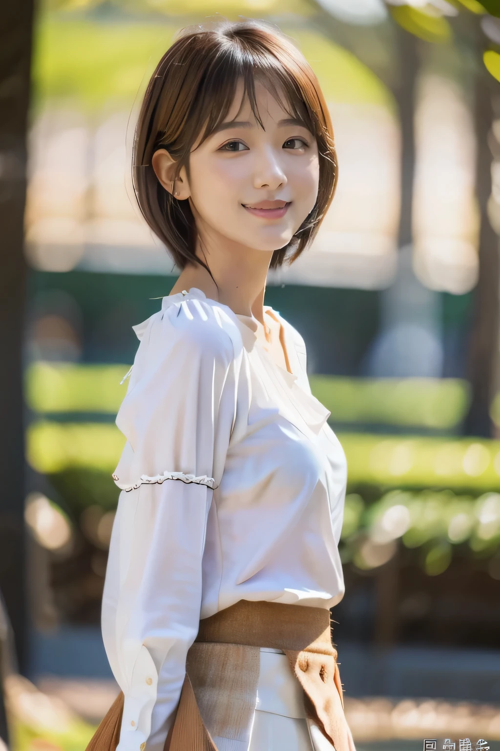 masterpiece, highest quality, Photoreal, Super detailed, finely, High resolution, 8k wallpaper, Professional, Advanced level of detail, ((One 15-year-old girl:1.2)), Slender Japanese women,, detailed clavicle, Medium chest、perfect face, (Front facing:1.2)、(Cute short hair:1.5), chestnut hair、(White blouse with flared skirt:1.5)、cute face、(looking straight ahead:1.5)、(brown skin:1.5)、full body shot、(cute smile:1.5)、Balanced Professional Portion、