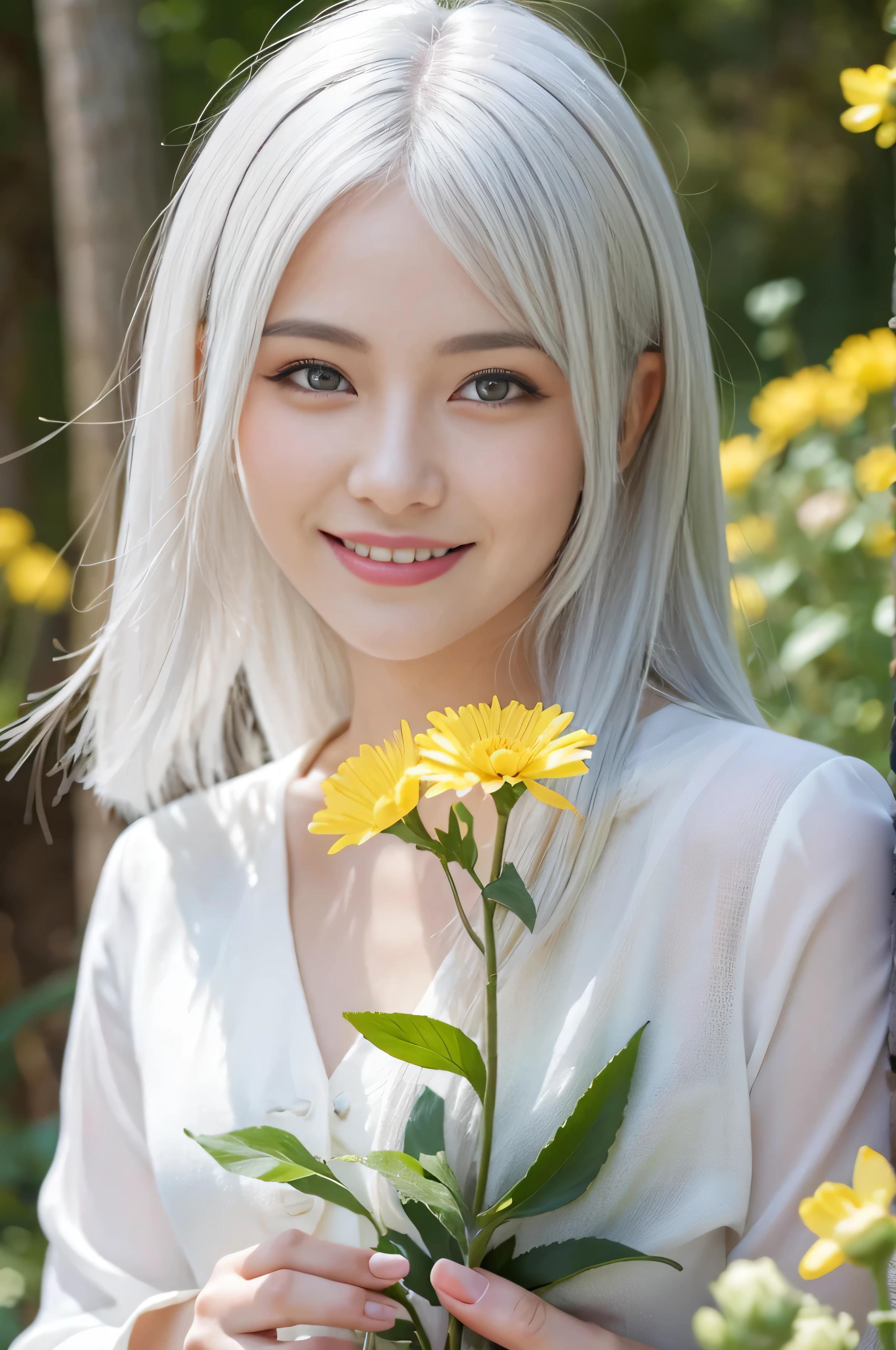 masterpiece, best quality, 1girl, white hair, smiling, looking at viewer, adult, fully mature, holding flower