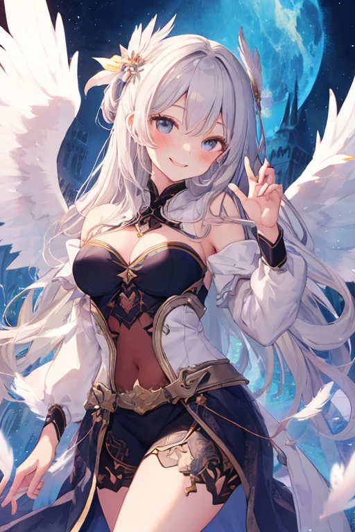 beautiful illustrations, highest quality, pretty girl,beautiful girl、clear face、 half girl、pastel colour 、blush、perfect hands、five fingers、fantasy、fantasy、thighs、(perfect face:1.1), (high detail:1.1)、smile、Angel、white feathers、white wings