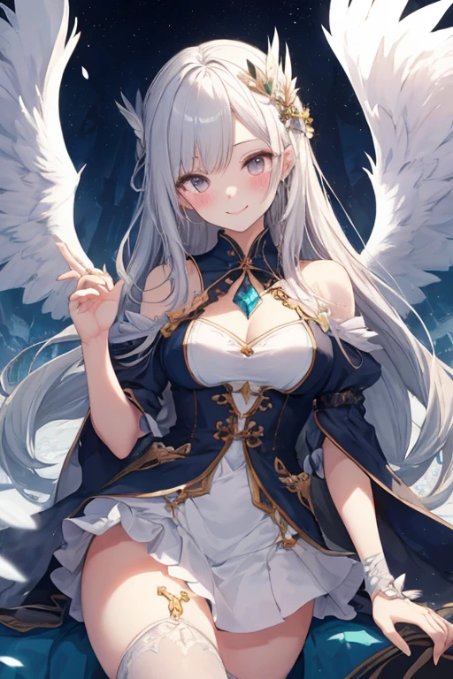 beautiful illustrations, highest quality, pretty girl,beautiful girl、clear face、 half girl、pastel colour 、blush、perfect hands、five fingers、fantasy、fantasy、thighs、(perfect face:1.1), (high detail:1.1)、smile、Angel、white feathers、white wings