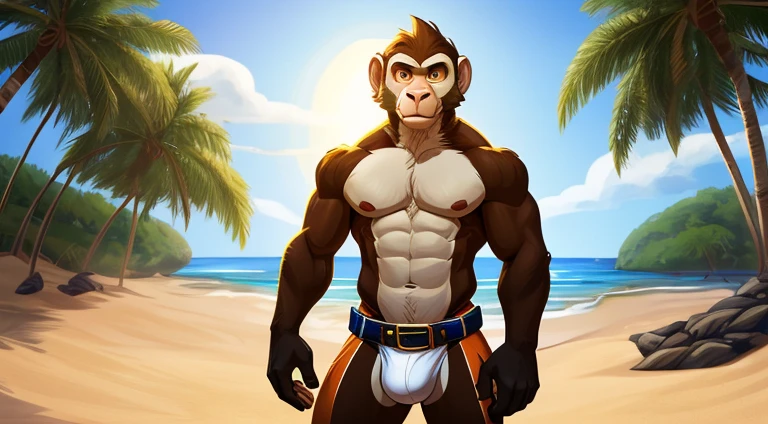 ((A skinny male monkey stands on a beach, holding a magical golden spear)) orange fur, white fur, grey fur, orange eyes, standing, naked, leather belt, chunky belt, oversized belts, featureless crotch, furry bulge, thick neck, long monkey tail, full body view, shaggy fur, detailed fur texture, perfect eyes, hot sunlight, bright light, sunny day, summer day, trees, sand, relaxed looking at camera, solo, alone, (by Kihu)