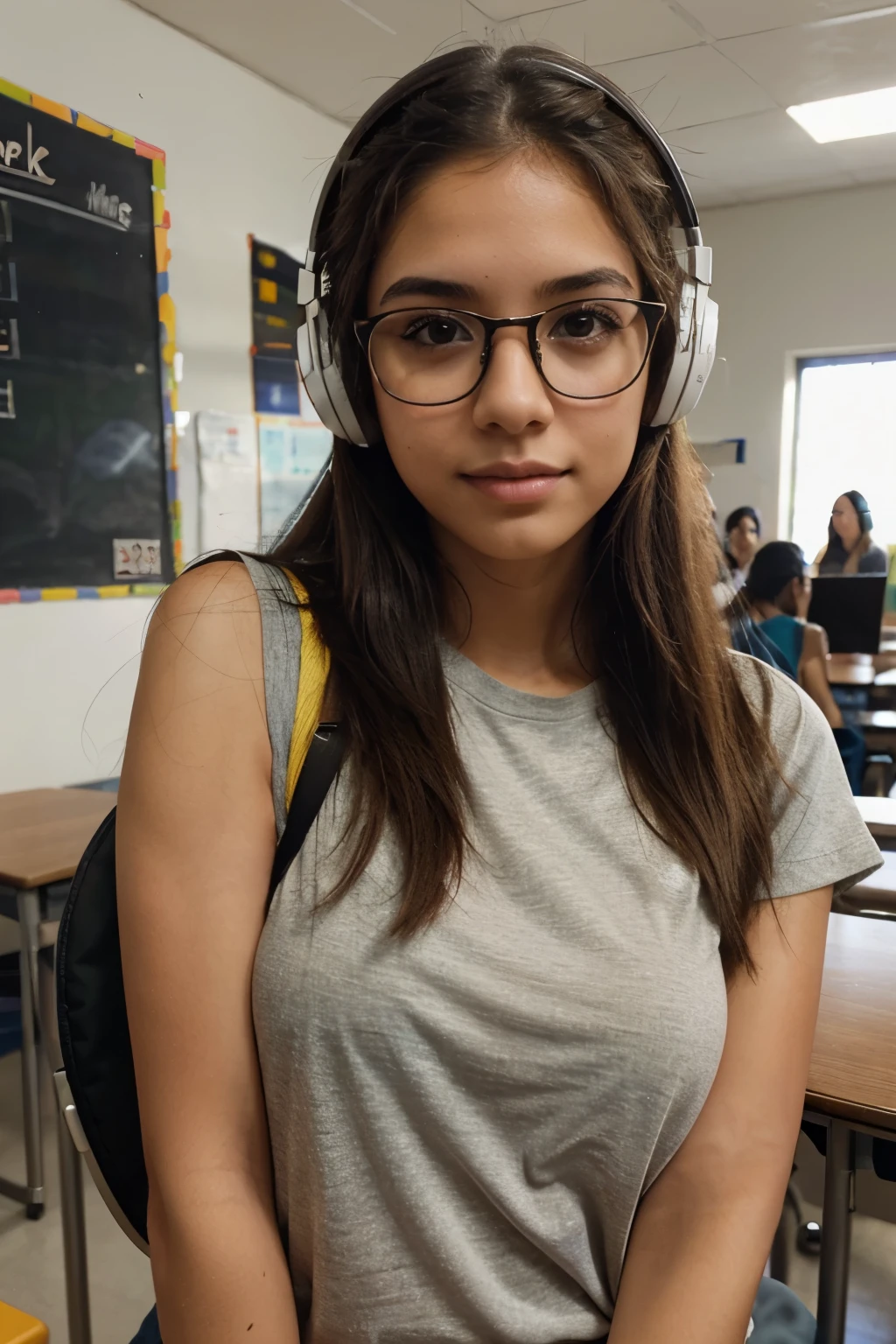 Instagram influencer natural latina girl with brown eyes, with glasses and headphones, in a school, very realistic