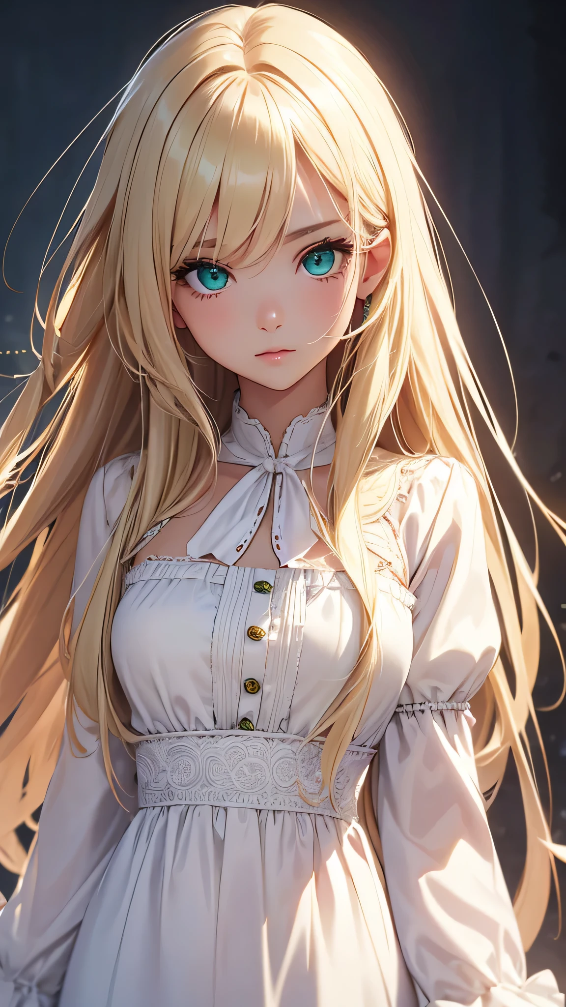 highest quality、realistic、girl、zoom、look up、cute、emerald eyes、blonde hair、straight hair、long hair、comb your hair、white blouse、face close up、slender