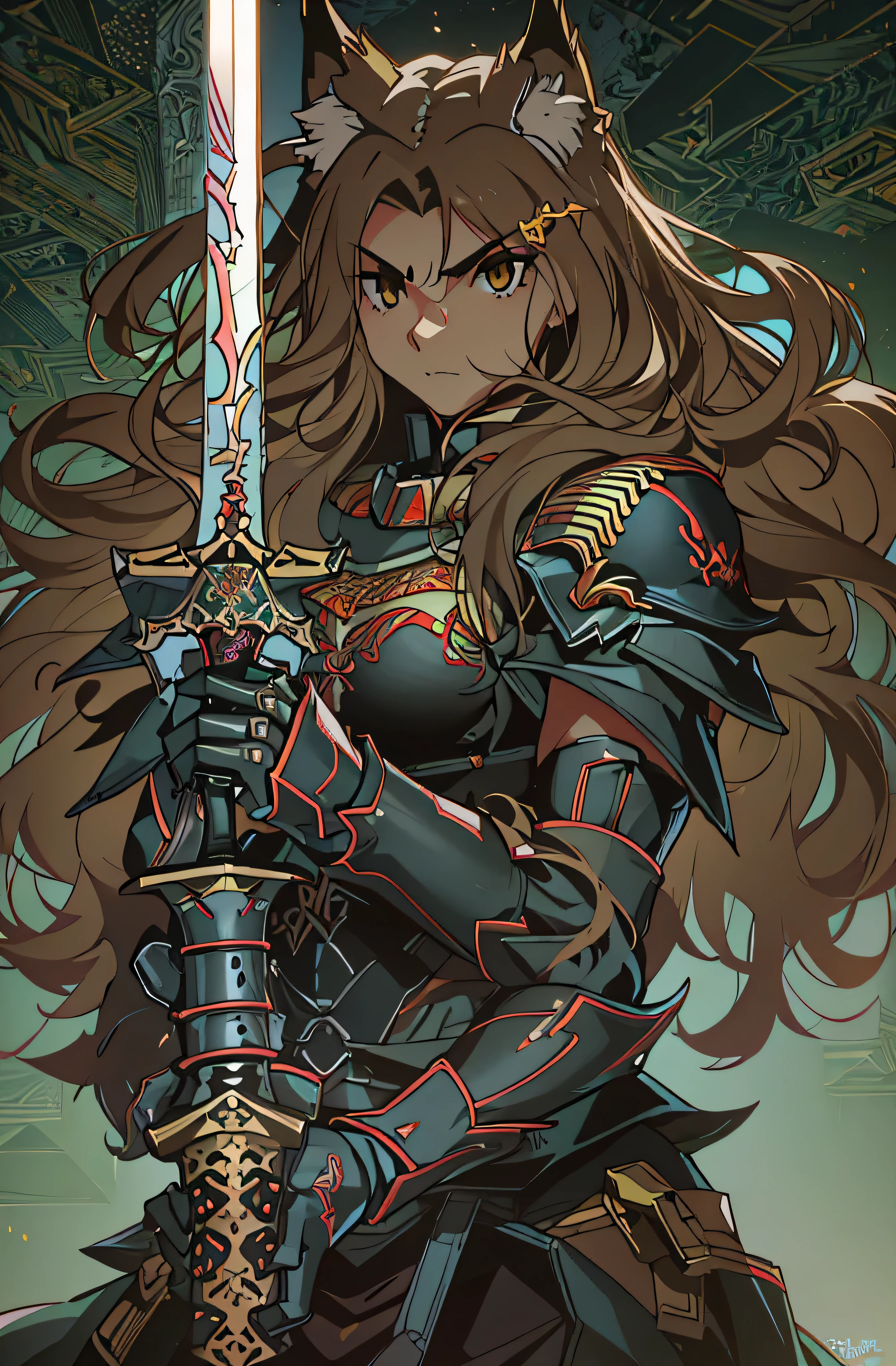 8k, masterpiece, highest quality, best quality, official art, beautiful and aesthetic, extremely detailed, (fractal art: 1.3), colorful, highest detailed, perfect face, athletic upper body, HDR,tall, athletic figure, Detailed face, Detailed eyes, brown eyes, perfect face, perfect eyes, ( 1mal, 1knight, slim waist, handaome face, pretty face, long brown hair, sharp jawline, tannned skin, sharp jawline, browm eyes, light armor, hero suit, black lipstick, black eyeshadow, brown hair, wolf cut, Standing, menacing pose, strong pose, holding sword, holding a claymore sword, holding a greatsword, big sword, Red glowing aura, menacing expression 