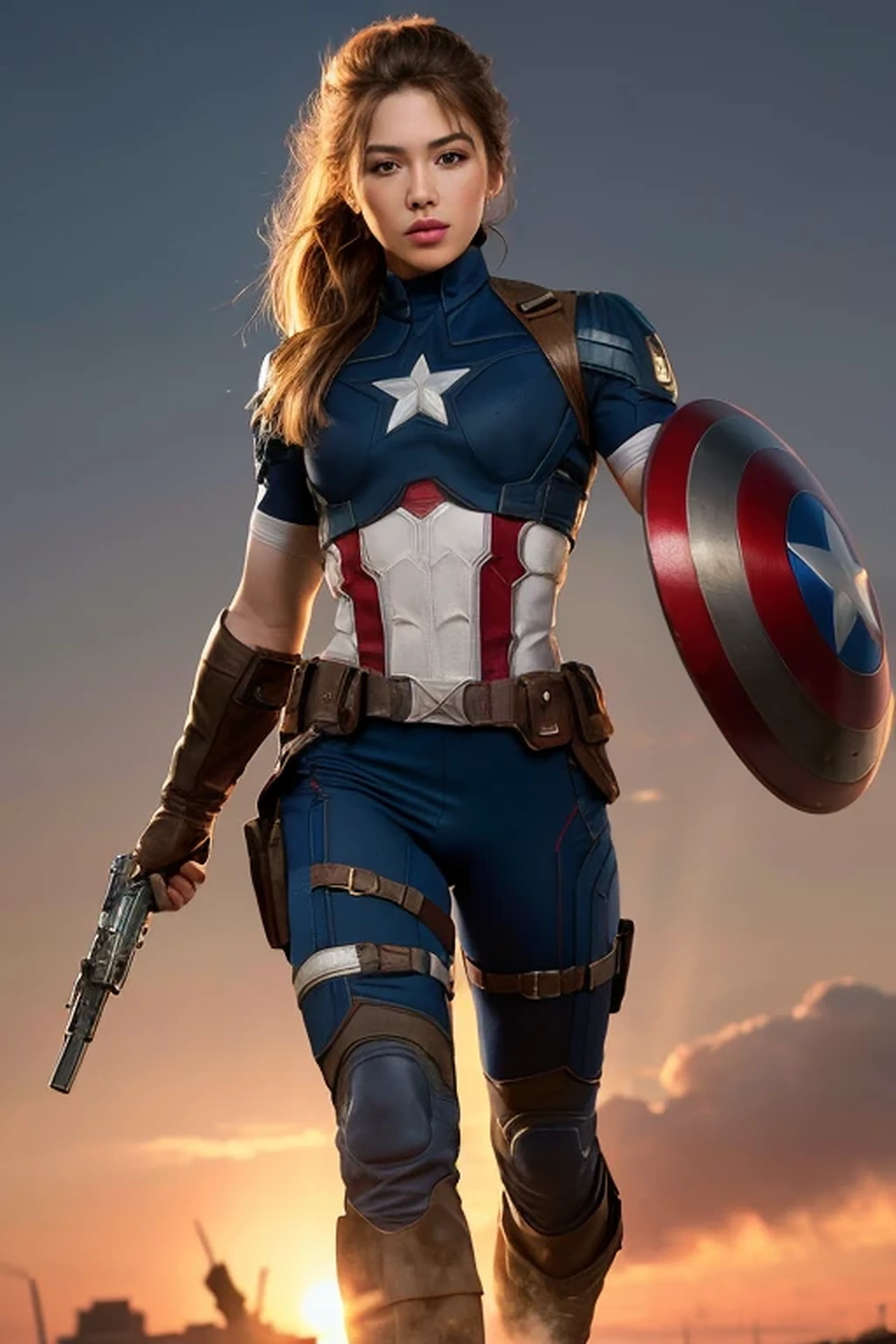 ((best quality)), ((masterpiece)), (detailed), highly realistic, 4k, high definition, sharp pixels, sharp image, 1 sexy young asian  mascular girl, long hair, pony tail hairstyle, blonde, big breasts, perfect body:1.5, perfect face:1.5, perfect lips:1.5, perfect nose:1.5, highly detailed face, highly detailed eyes, highly detailed lips, highly detailed body, full body view, Mascular arms, six pack abs, Mascular thighs, strong Mascular body, wearing captain America costume, war background, standing on a war front, highly detailed background, perfect background 