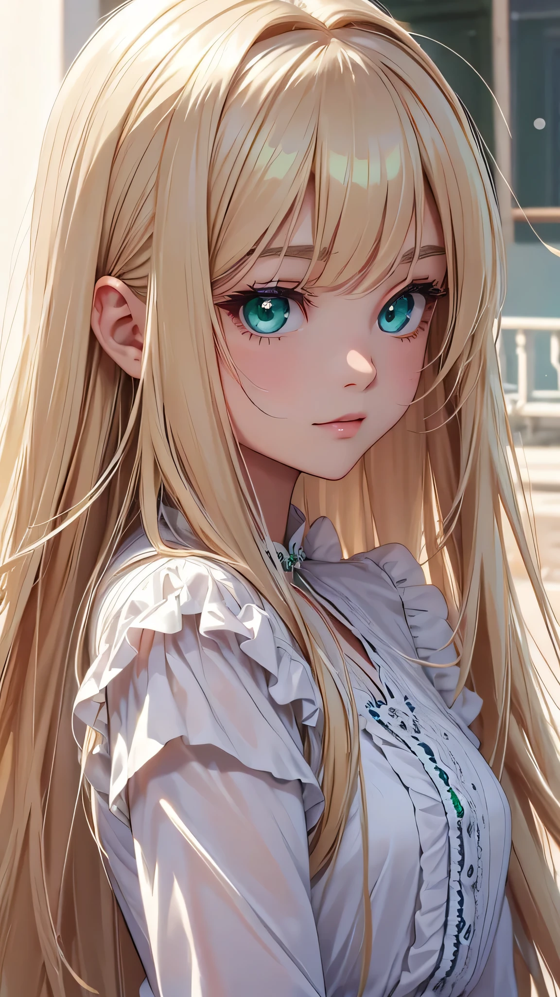 highest quality、realistic、girl、zoom、look up、cute、emerald eyes、blonde hair、straight hair、long hair、comb your hair、white blouse、face close up、slender