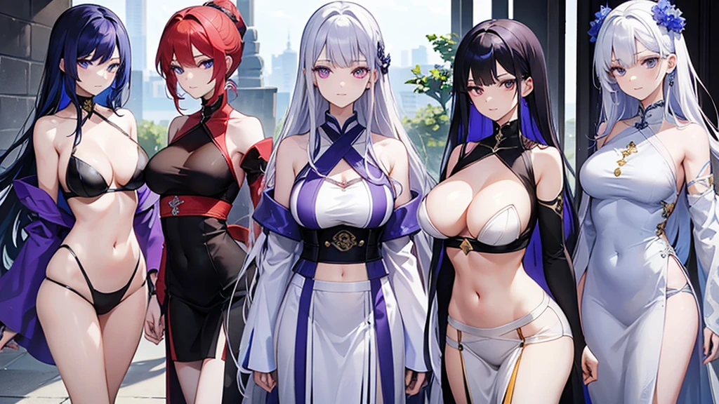 four people,woman,There is a sense of distance,Sexy off-the-shoulder,Open navel,Hanfu,red hair purple eyes,Blue hair and green eyes,Black hair, blue eyes,White hair and golden eyes,Take a sword,Want to fight