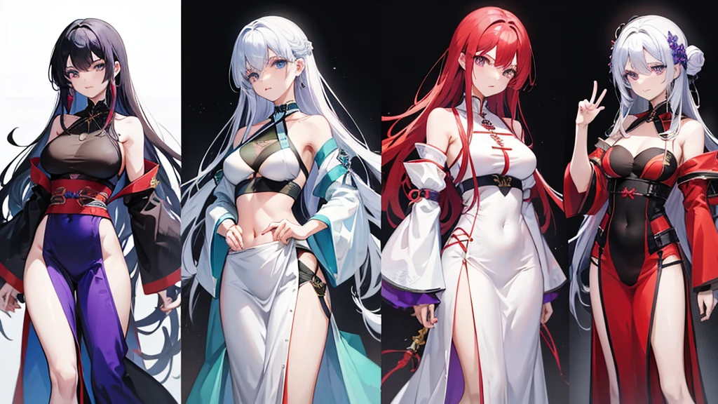 four people,woman,There is a sense of distance,Sexy off-the-shoulder,Open navel,Hanfu,red hair purple eyes,Blue hair and green eyes,Black hair, blue eyes,White hair and golden eyes,Take a sword,Want to fight