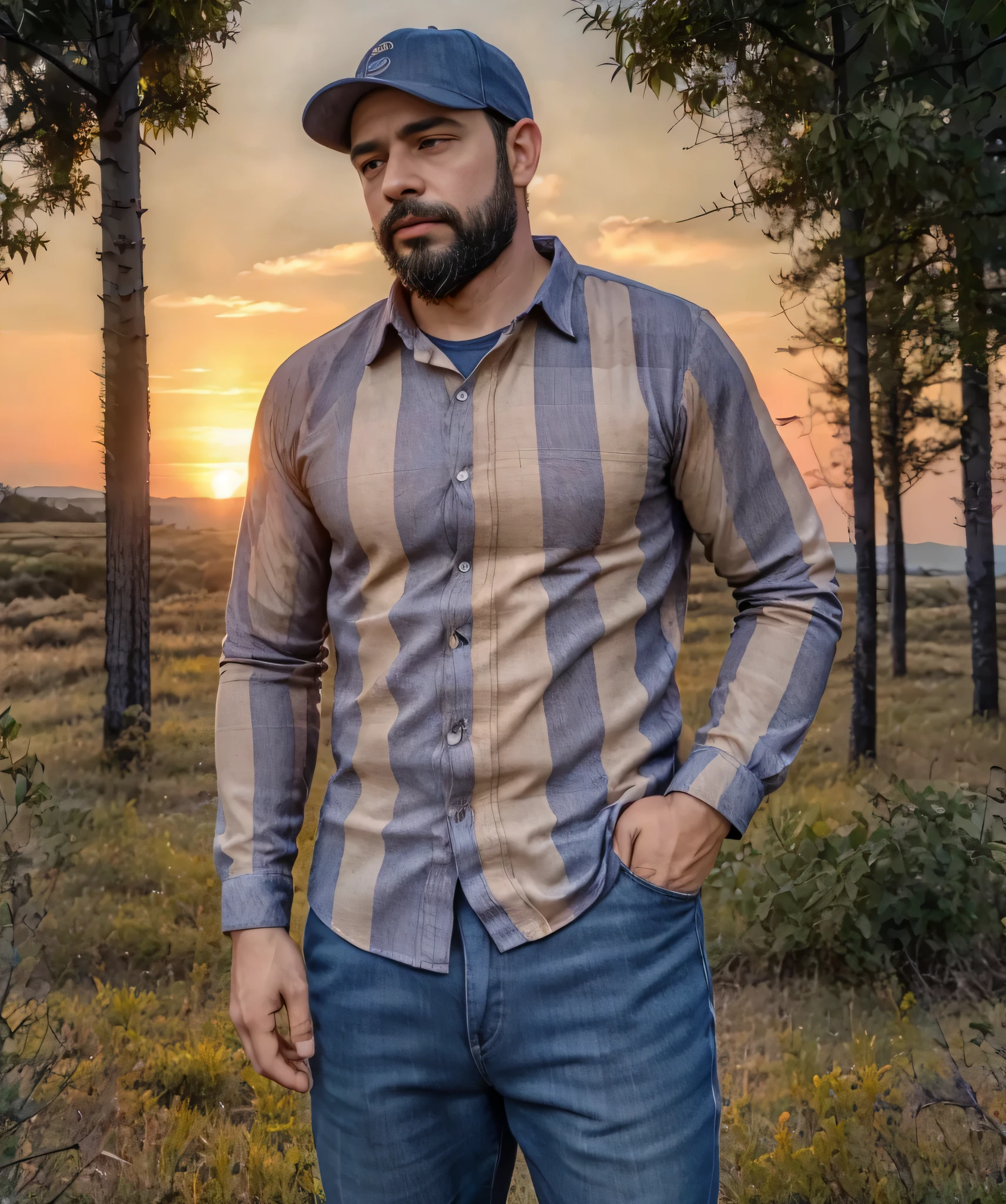 Obra maestra, desenfoque de campo, Parte superior del cuerpo, hands in pants pockets , 38 year old man with beard , gorra y lentes oscuros . Man wearing a plaid shirt in a Netflix drug trafficking series with a sunset in the background.