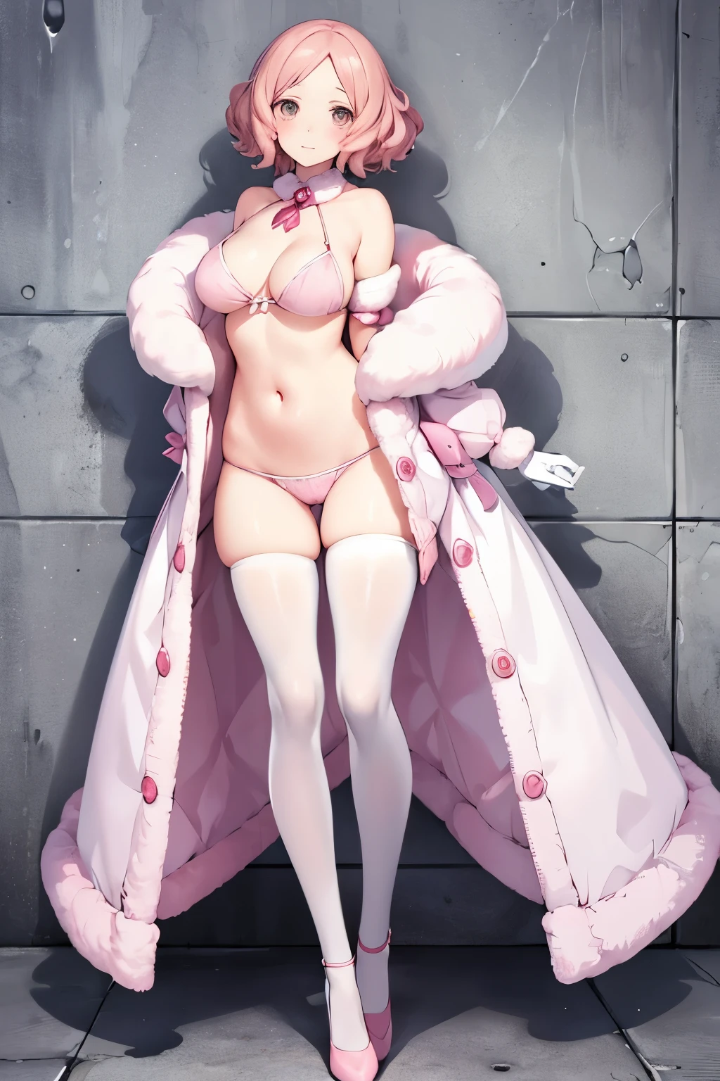 Woman in white fur jacket and pink bikini against wall, Full body image , Seitenlicht, Chest size Small, Shy face, high detale Face,Haru Okumura