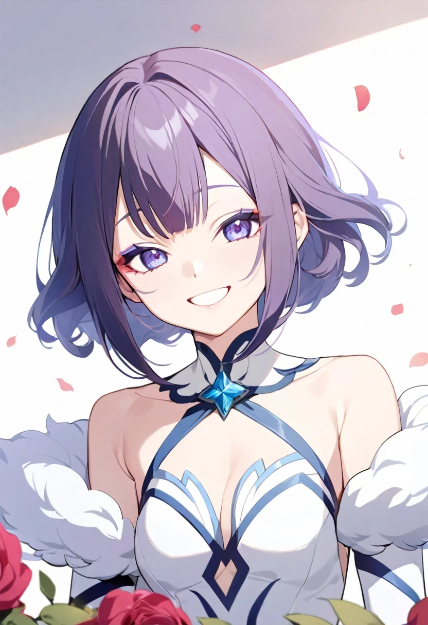 ((shylily)).masterpiece,best quality, insanely detailed, beautiful, exquisite, 16K, Full-HD, absurdres,whitebackground,((upper body,half body photo)),((smile,Happy:1.5)),((Sparkling fluffy layered ball gown)), (Grasp the hem of your dress and bow slightly),lots of flowers,((Surrounded by roses)),ruffles and rhinestones, ( table top, art station, fantasy art:1.2), Standing with an elegant smile，pastel colour,((giant white fairy wings))、white skin,gradient hair,hair in the wind, wavy hair,fluffy hair,tiara,lavender eyes, long eyelashes, beautiful eyes、light pink cheek,pointy ears, bright pupils,shining light, warm lighting,