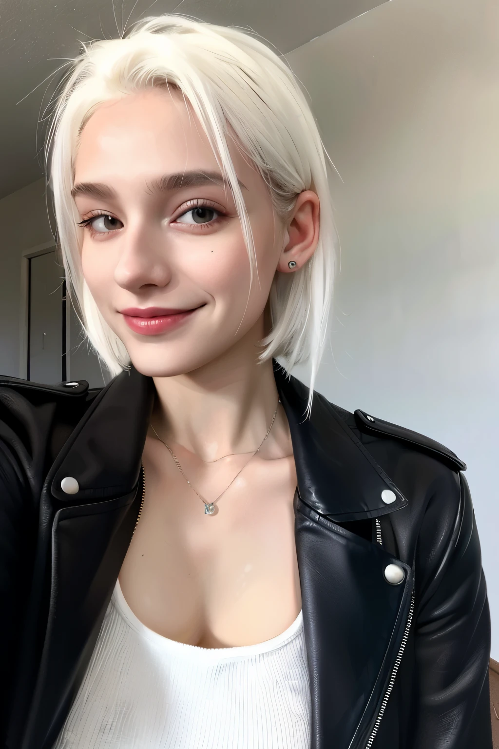 Diana, 23 years old, white hair wearing a black leather jacket, posing for a selfie smiling sensual, day, realism