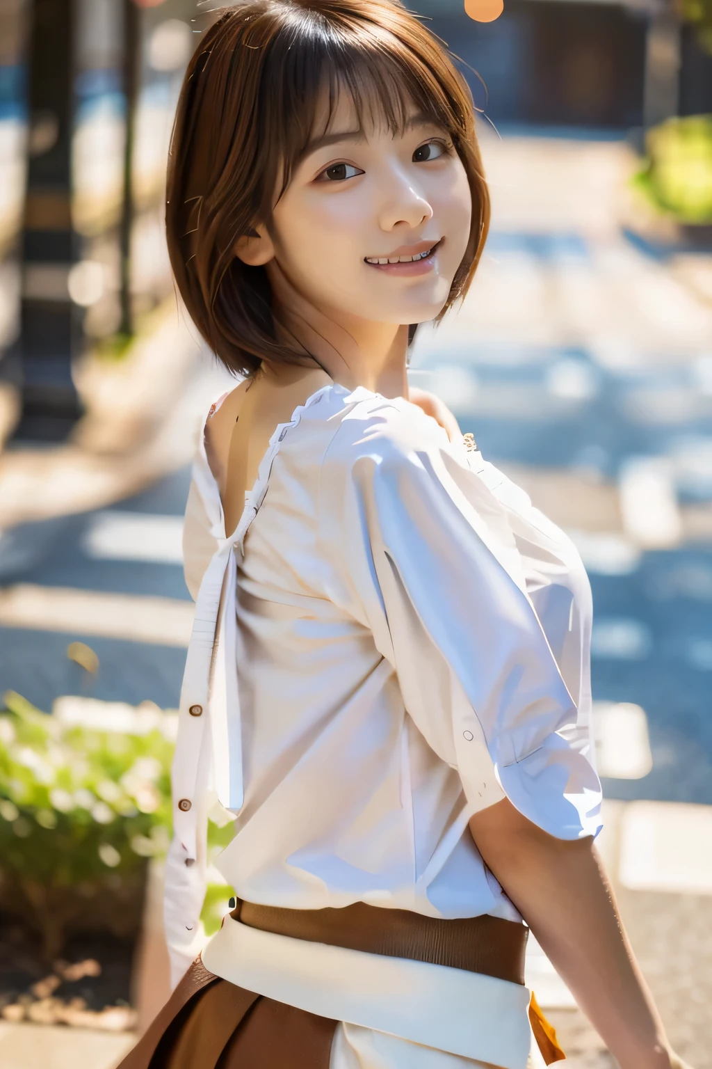 masterpiece, highest quality, Photoreal, Super detailed, finely, High resolution, 8k wallpaper, Professional, Advanced level of detail, ((One -yeld gi1.2)), Slender Japanese women,cute lips, detailed clavicle, Medium chest、perfect face, (Front facing:1.2)、(Cute short hair:1.5), chestnut hair、(White blouse with flared skirt:1.5)、cute face、(looking straight ahead:1.5)、(brown skin:1.5)、full body shot、(cute smile:1.5)、Balanced Professional Portion、