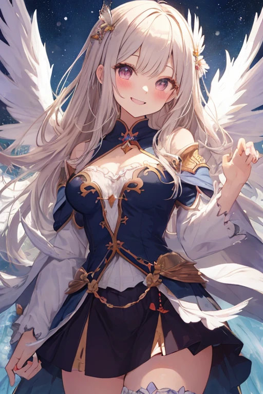 beautiful illustrations, highest quality, pretty girl,美girl、clear face、 half girl、pastel colour 、blush、perfect hands、five fingers、fantasy、fantasy、thighs、(perfect face:1.1), (high detail:1.1)、smile、Angel、white feathers、white wings、girl