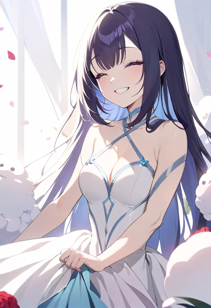 ((shylily)).masterpiece,best quality, insanely detailed, beautiful, exquisite, 16K, Full-HD, absurdres,whitebackground,((upper body,half body photo)),((smile,Happy:1.5)),((Sparkling fluffy layered ball gown)), (Grasp the hem of your dress and bow slightly),lots of flowers,((Surrounded by roses)),ruffles and rhinestones, ( table top, art station, fantasy art:1.2), Standing with an elegant smile,pastel colour,((giant white fairy wings))、white skin,gradient hair,hair in the wind, wavy hair,fluffy hair,tiara,lavender eyes, long eyelashes, beautiful eyes、light pink cheek,pointy ears, bright pupils,shining light, warm lighting,