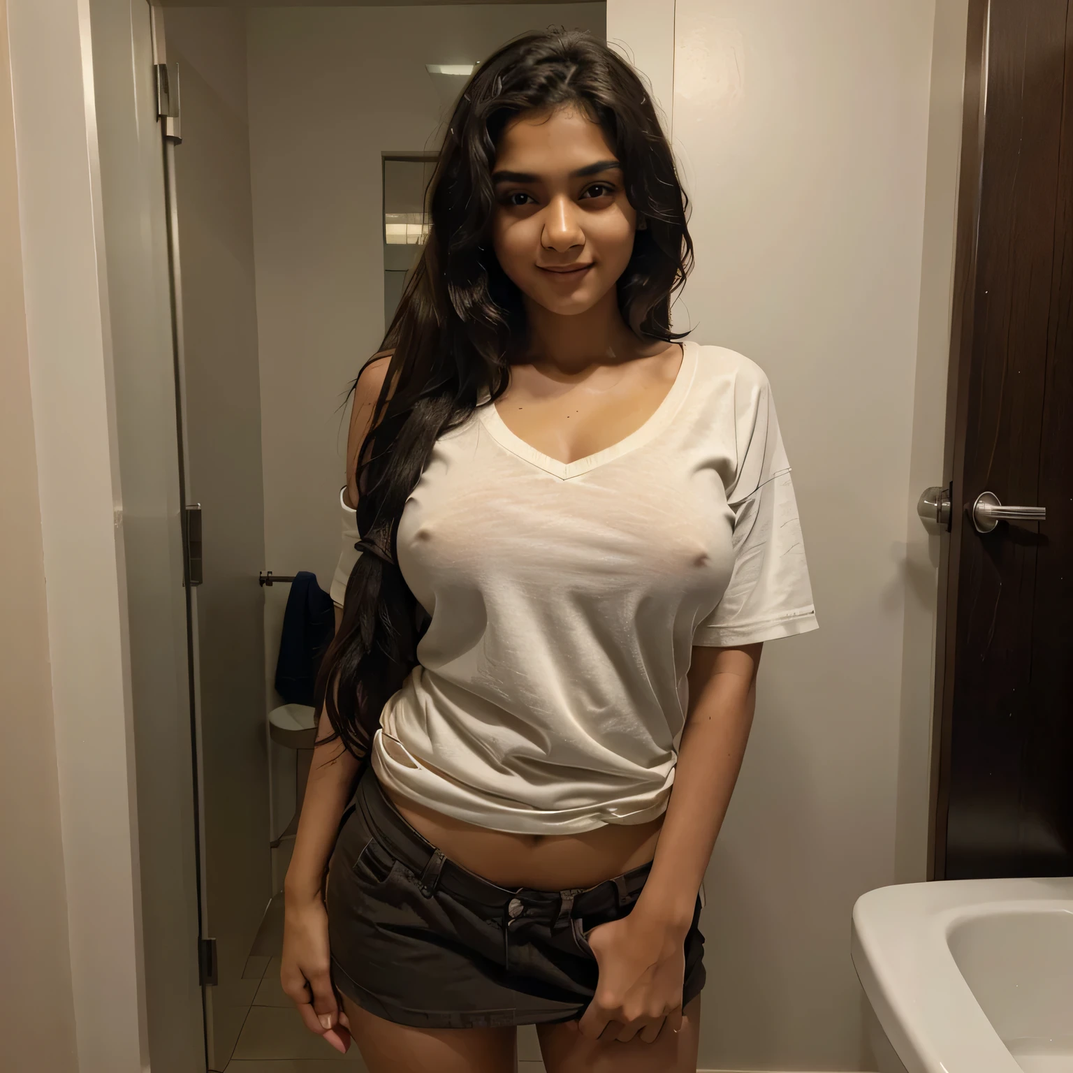 14 year old, female, 5 foot height, Indian, light brown skin, curly short black hair, dense long black pubic hair, big expressive eyes, light brown pupil, very beautiful face, innocent face, smiling at the viewer, very skinny body, huge breasts, extremely big breasts, humongous breasts, unbelievably large breasts, school shirt, standing with legs shoulder length apart, urinating, toilet