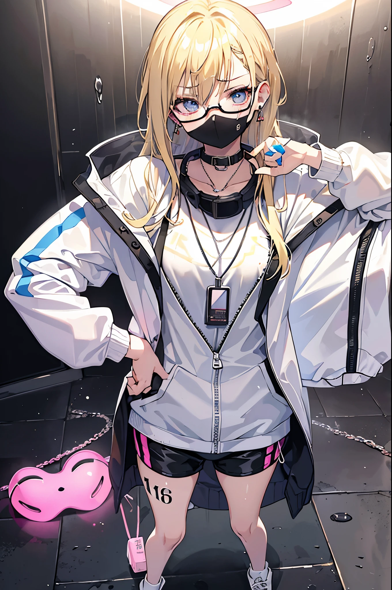 female gamer, ((wet thin white shirt, opened zip fashion wind breaker, hot pants, glasses, earring, necklace, blet, face mask, earphone, cute collar)), (idol charming aura, blur effect, bubble effect, black glowing pupil, arcade style make up, petite, blushing face, angry face, blonde color hair), (masterpieces, extreme body detail, high resolution, original character, best anime 16k wallpaper quality), club bar background, full body shot