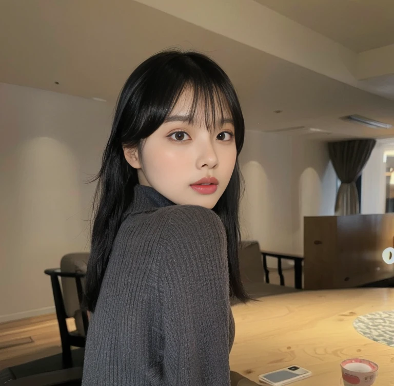 A woman is standing in the living room, she has black hair With bangs, Ulzzang, With bangs, Chiho, Lee Ji Eun, Yoshitomo Nara, Lee Ji Eun, Chen Xintong, with short hair, korean girl, Choi Hong Hwa, neat hair With bangs