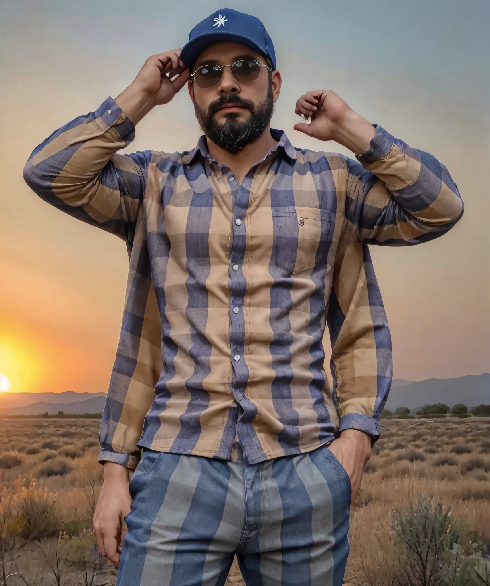 Obra maestra, desenfoque de campo, Parte superior del cuerpo, hands in pants pockets , 38 year old man with beard , gorra y gafas de sol. Con una pistola en su mano derecha.Man wearing a plaid shirt in a Netflix drug trafficking series with a sunset in the background.