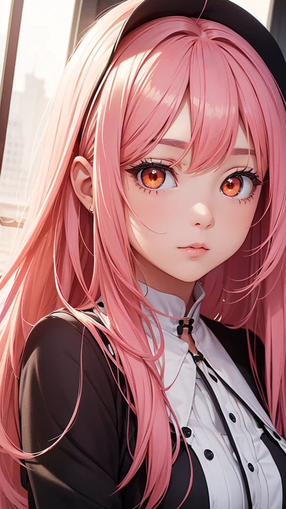 highest quality、realistic、girl、zoom、look up、cute、orange eyes、pink hair、straight hair、long hair、comb your hair、black blouse、face close up、slender