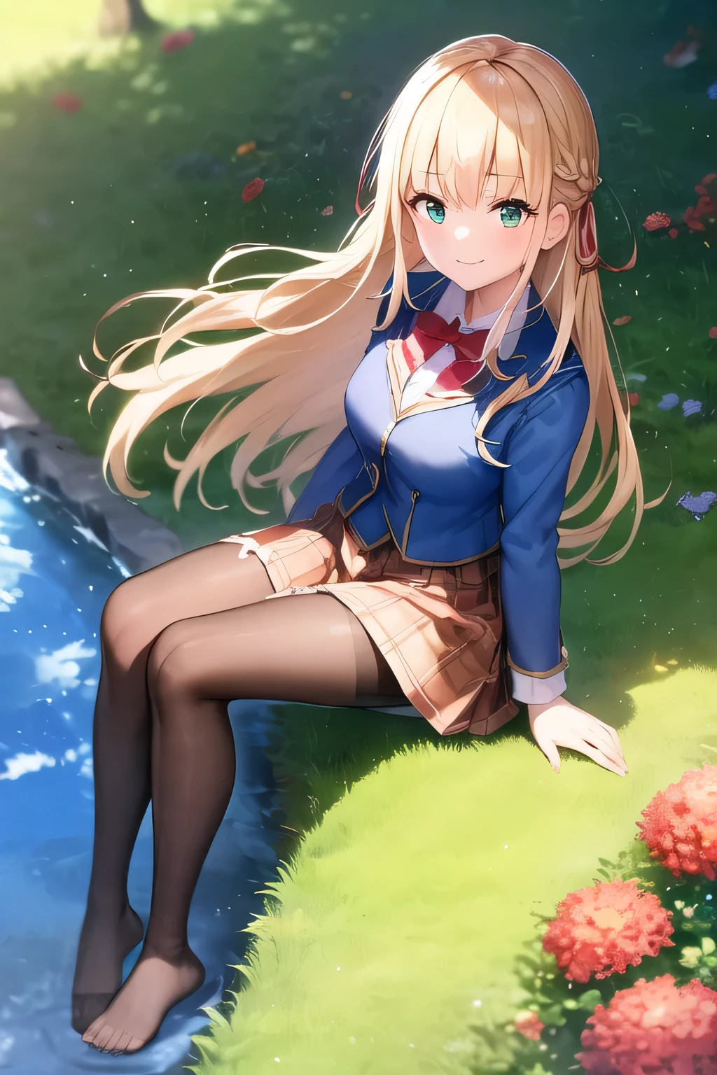 Tsukasa, red bow tie, Braid, 1 girl,  blonde hair,  white hair ribbon, masterpiece, highest quality, 1 girl, green eyes,blue jacket,  white shirt,  , plaid skirt,   brown skirt, black pantyhose, pleated skirt,  barefoot, barefoot, get your knees up, dress, sitting, looking at the viewer, Grass,  smile, outdoor, on the ground, full body, animal, Day light, dappled Day light, Day, Depth of the bounds written, 