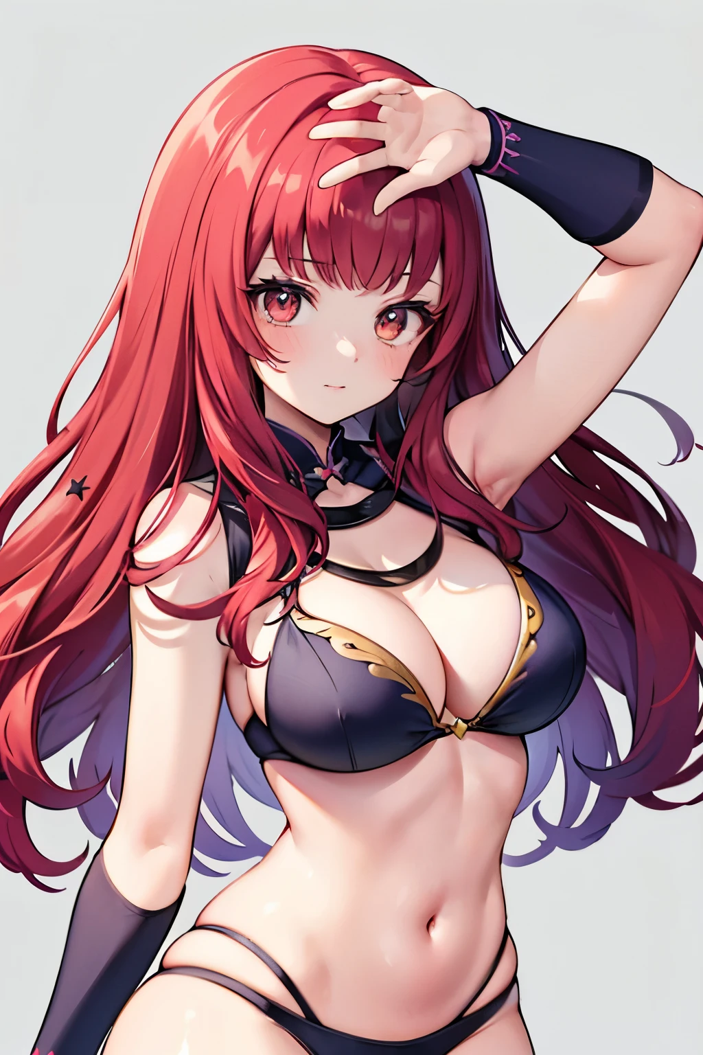 (Meisterwerk), (Best quality), (Ultra-Detail), (beste Anatomie), Offizielle Kunst, A girl, mit hellem roten Haar, seductive , magical girl, Schwarz Bikini, schulterfrei, Oberschenkelfokus, Nabel raus, Tiefe Waldquellen
