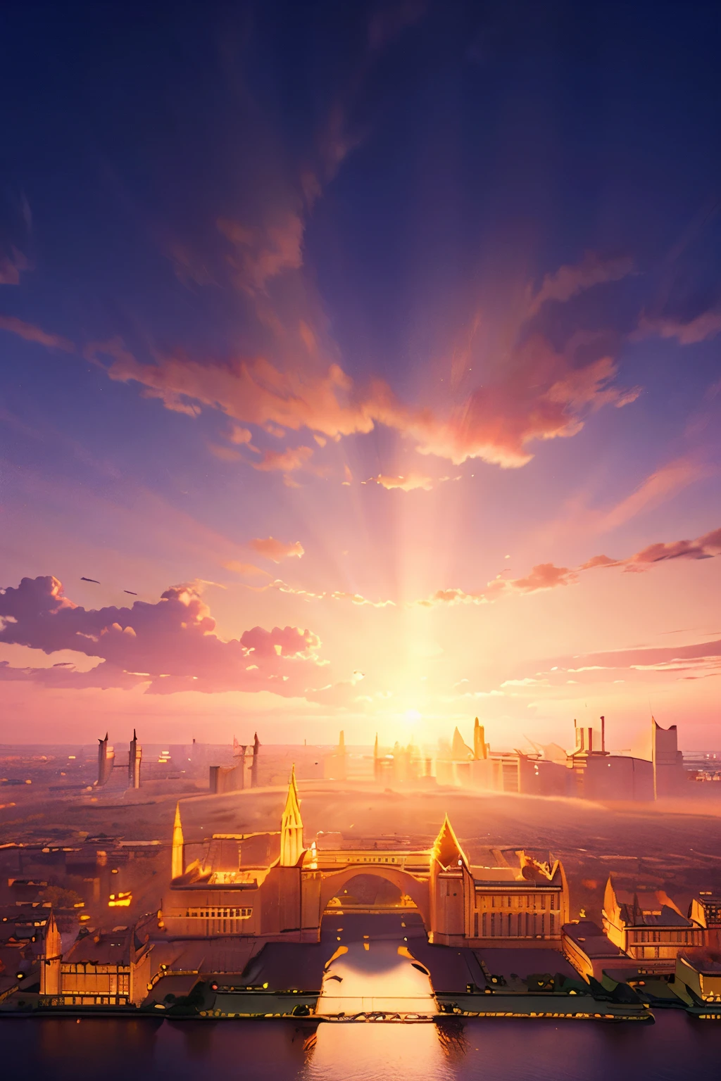 A photorealistic high-definition image of Regal Elegance: Against the horizon, a majestic castle or palace silhouette stands tall, its grand architecture bathed in the golden glow of a colorful sunset sky. The kingdom of Bethel is symbolized in this breathtaking scene. Captured through the lens of a macro photographic drone shot, the viewer is granted a unique perspective, looking up towards the imposing structure. The double exposure technique adds an intriguing layer of depth, as the castle's reflection on the tranquil water below is subtly overlapped with its silhouetted form. An ultra-realistic still-life, this image showcases the intr