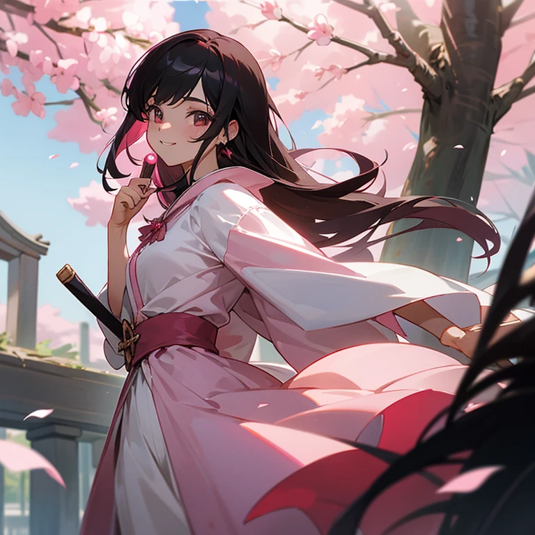 Joven mujer, ojos rosas, cabello rosa claro, largo, ondulado, pink and white asian dress, rodeada de sakuras, orejas de zorro rosa, cola de zorro rosa, con un abanico blanco, caminando y sonriendo