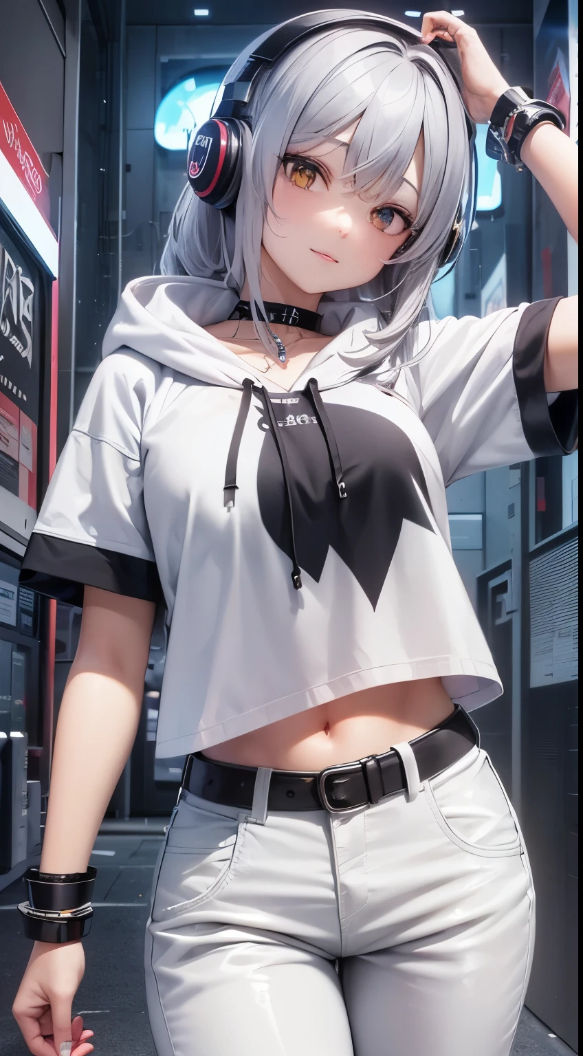 top-quality、Top image quality、masterpiece、girl with((25year old、Black navel exposes short sleeve hoodie、White pants、Best Bust、Bust 85、Red hair、Disturbed shortcuts、Pinkeyes、open chest wide、Happiness、Chain Accessories、Put on headphones、dance))hiquality、visualart、Background with((Virtual Live))、masterpiece (GLITTER IN THE PUPILS) (SHINE IN THE HAIR) (BEAUTIFUL FACE) (WHITE HAIR) (YELLOW EYES)