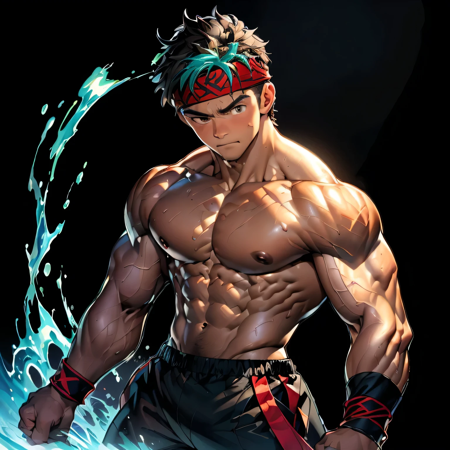 (Masterpiece, Best quality 19 year old boy, black background), solo, Young, boy, muscler, Shirtless, , (Dark Short straight hair, under cut, brown eyes), (red headband, ((black wristband))), Vivid colors, (hot Abs:1.2, abs!, big abs, big :1.2, !, muscler upper arms, clenched fist), ( male), muscler!, muscler body, Man with martial arts stance, (aura power:1.4), detailed face, detailed muscle, (((A magical turquoise mystical aura, random fighting pose, powerful, action, rippling muscles, fighting with enemy, concentrate, Fotografia de combate)))
