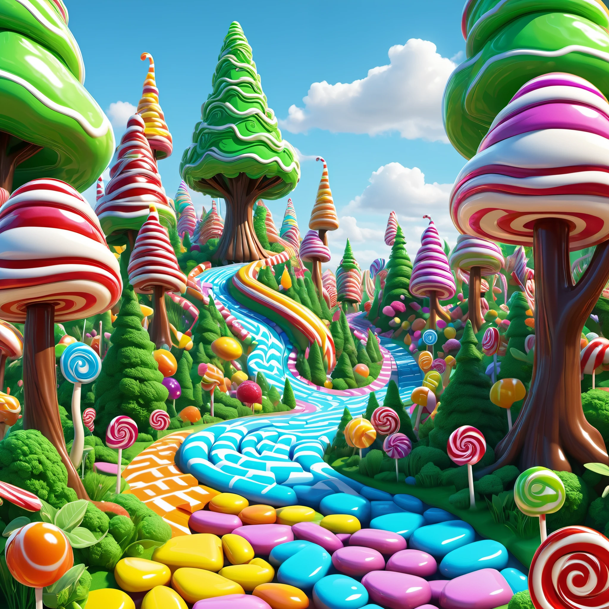 (candy land Explore a candy land realm filled with edible trees, where gumdrop mountains rise to dizzying heights, and the paths are paved with smooth, vibrant gummy bricks.), 8k octane render, high detail, masterpiece, hyperdetailed, intricate details
