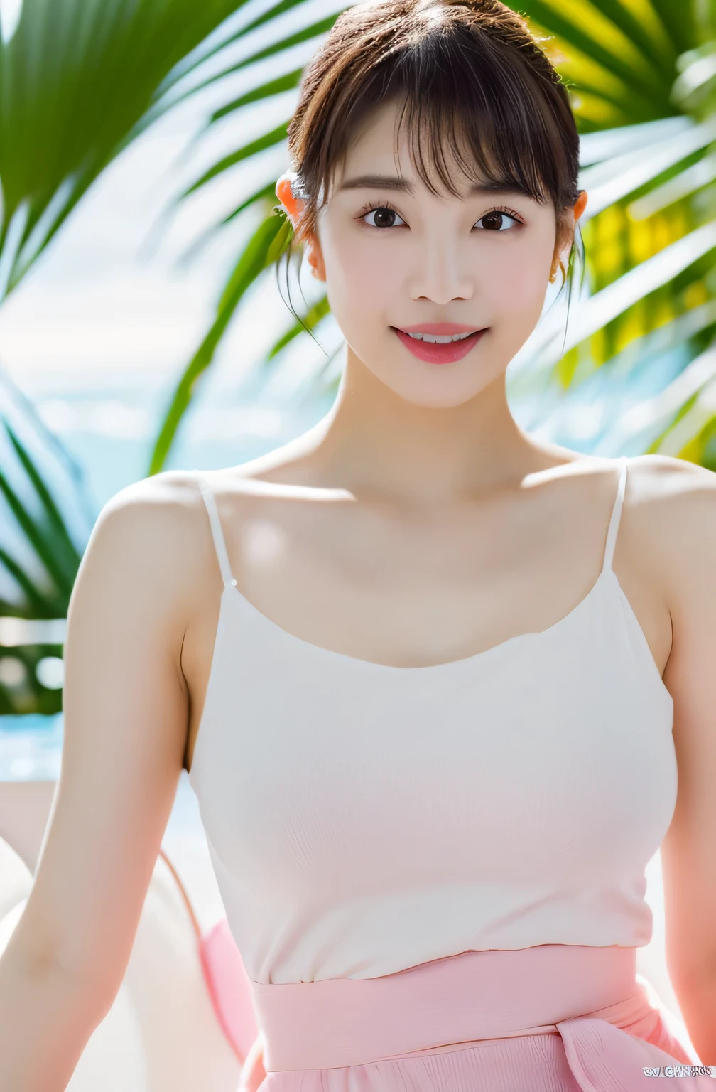 (8K, RAW photo, highest quality, masterpiece: 1.2), super detailed, super resolution, (genuine, genuine photos: 1.37), Portrait, High-definition RAW color photo, professional photos, Very detailed and beautiful new, very detailed, 8K wallpapers, amazing details, huge file size, official art, very detailed CG Unity 8K wallpapers, very detailed beautiful girls, very detailed facesHighly detailed eyes, very detailed skin, very detailed fingers, very detailed鼻, very detailed口, perfect anatomy, Very detailed background, Costumes with attention to detail, one girl, (18:1.2), , cute girl, famous japanese idol, cute, genuineistic body, , white skin, glowing skin, Because I'm slender, handsome body, brown hair, short curly hair, (dull bangs:1.2), smile, cute, like々New, cute new face, realistic face, delicate eyes, droopy eyes, camera's line of sight, cowboy shot, front, standing position, contrap post, dynamic lighting,
delicate body shape, The beauty of slim abs :1.2, thin waist :1.2,
plump lips, glossy pink lips, flushed cheeks, ((white teeth)),
Beautiful actress's ennui makeup, pink lipstick,
dark brown hair, delicate soft hair,
(hair up, medium short hair, ponytail:1.2),
layer cut, (dull bangs:1.2),
(stylish looking earrings,necklace,bracelet,shiny nail art),
cute smile, Mouth half open, Enchanted expression, ((Staring at the viewer)),
(((Shoot the whole body from the thighs, Pay attention to the lips:1.2))),
(Dress up in a tight floral nightgown:1.2),
((The crystal clear waters of a tropical resort, Immerse yourself in water up to your waist:1.2)),
The midsummer sun shines on the whole,
((look up)),
((squinting)),
((pursing lips)),
((Pointy mouth)),
((blushing cheeks)),
((I'm enchanted)),
((body is wet:1.4)),
((Lower milk:1.4)),
((show one's side)),
((She is sitting naked in a beautiful new position:1.4)),
The areola of the breast is beautiful.:1.2,
(perfect breast shape, rich breasts:1.4),
It is a small pale pink areola.,
(She has a cute plump butt, stick out your butt),