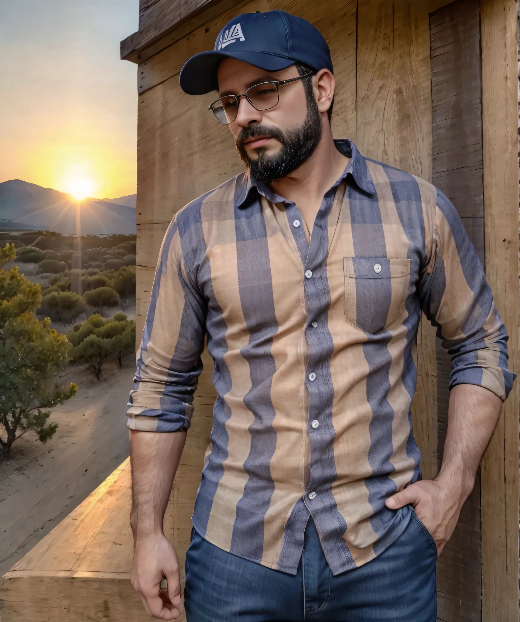 Obra maestra, desenfoque de campo, Parte superior del cuerpo, hands in pants pockets , 38 year old man with beard , gorra y gafas de sol. Con una pistola en su mano derecha.Man wearing a plaid shirt in a Netflix drug trafficking series with a sunset in the background.