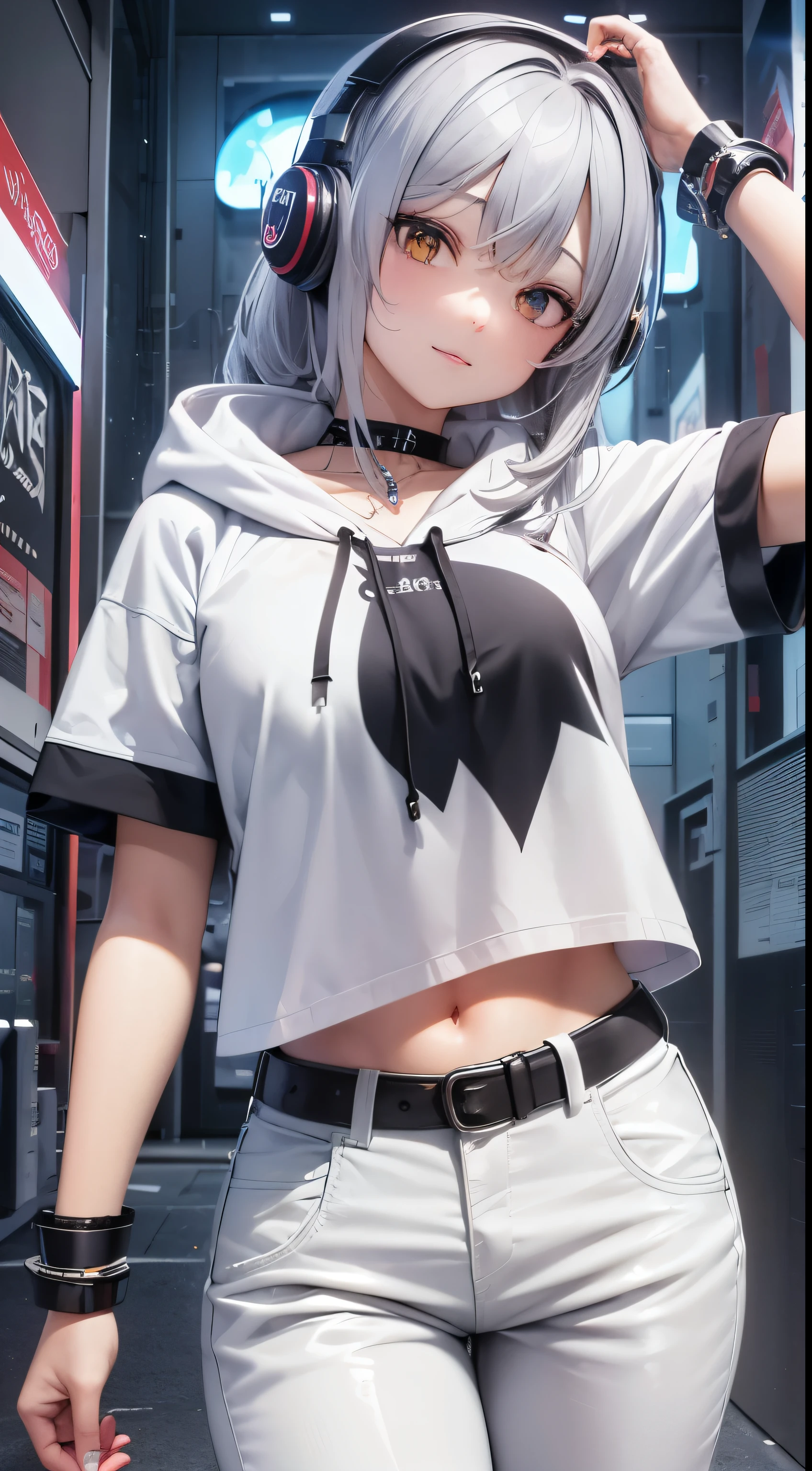 top-quality、Top image quality、masterpiece、girl with((25year old、Black navel exposes short sleeve hoodie、White pants、Best Bust、Bust 85、Red hair、Disturbed shortcuts、Pinkeyes、open chest wide、Happiness、Chain Accessories、Put on headphones、dance))hiquality、visualart、Background with((Virtual Live))、masterpiece (GLITTER IN THE PUPILS) (SHINE IN THE HAIR) (BEAUTIFUL FACE) (WHITE HAIR) (YELLOW EYES)
