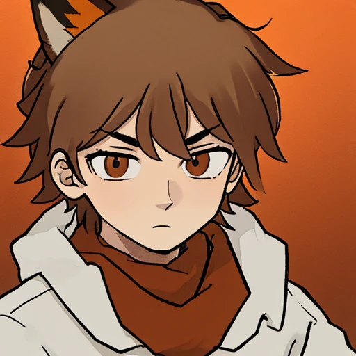 (high quality, cartoon), portrait, brown wood-like hair, serious expression, neutral look, 18-year-old male, wearing a gray and white sweater, brown pants, red scarf, orange fox hat with fox ears, vibrant colors, soft lighting