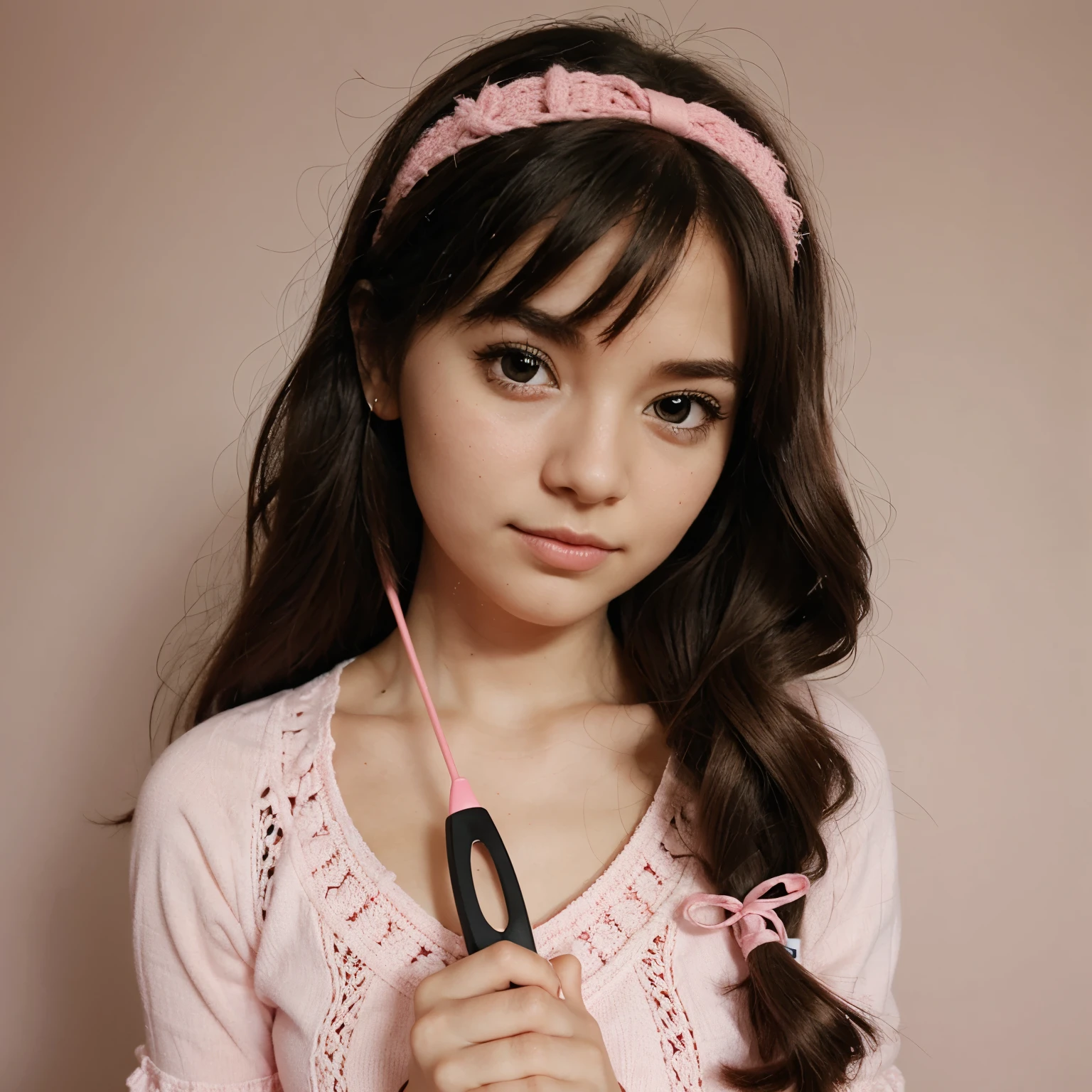 Create cute cartoon girl holding crochet hook and yarn with ribbon pink theme 