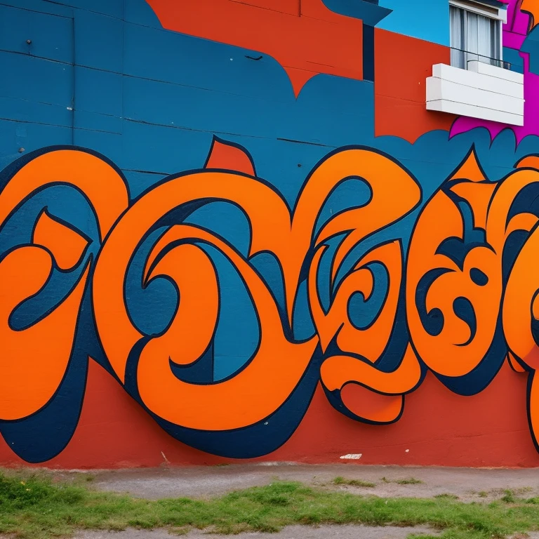 background in the style of urban graffiti, with many shapes and predominantly orange, blue and black