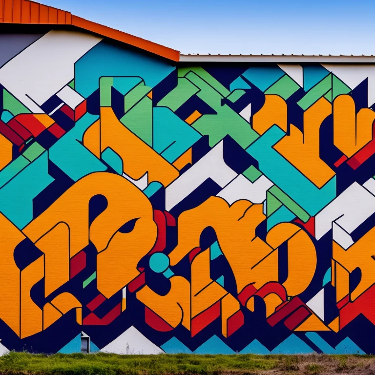 background in the style of urban graffiti, with many shapes and predominantly orange, blue and black