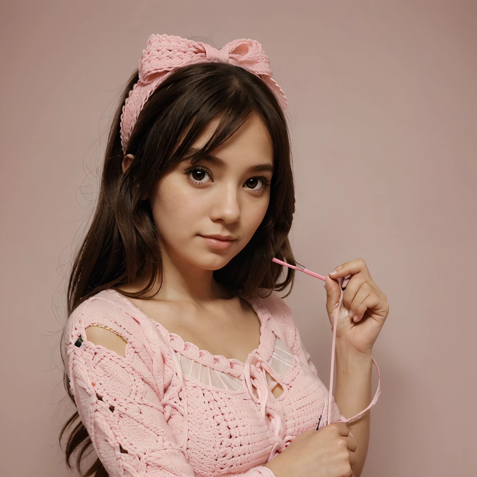 Create cute cartoon girl holding crochet hook and yarn with ribbon pink theme