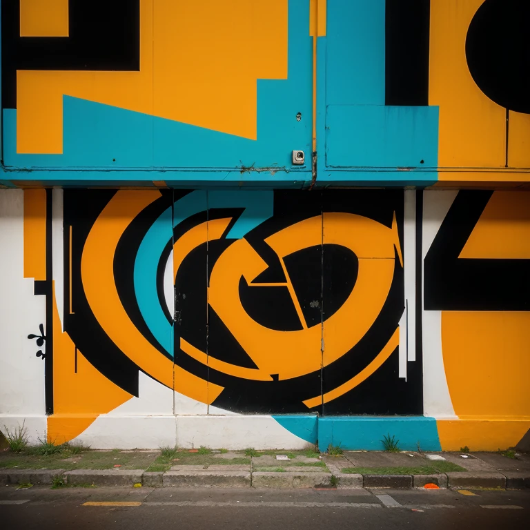 background in the style of urban graffiti, with many shapes and predominantly orange, blue and black