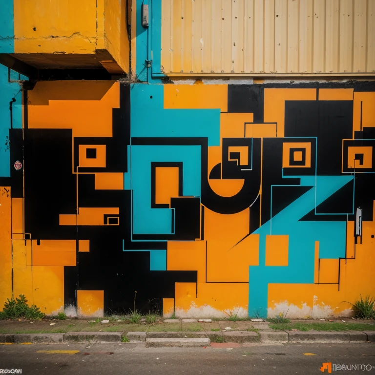 background in the style of urban graffiti, with many shapes and predominantly orange, blue and black