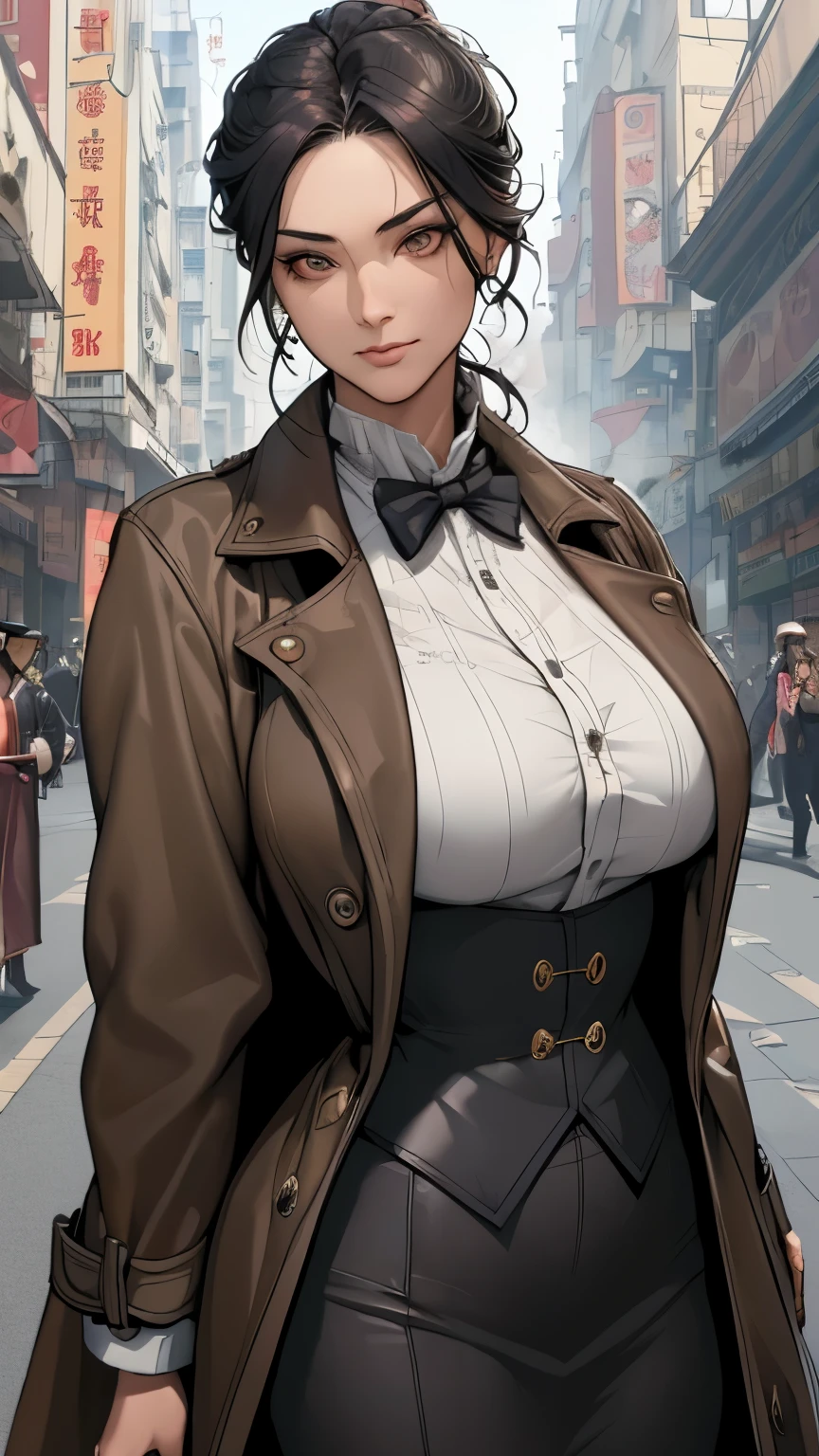 (masterpiece:1.3), (disorganized:1.3), (highest quality:1.3),(perfect anatomy),detailed face,Steam punk, victorian era,Hong kong,Kowloon,horizontal angle,hands,(looking at viewer), (Super detailed:1.3),(best shadow:0.7), solo,1 middle age woman around 40 years old,saggy breast,(treated hair), pulledback hair,fine eyes, beautiful eyes, 1 middle age woman, ((saggy breast)),private detective,alone, standing, crystal earrings,closed_mouth, arm_behind_return, (flock coat,pencil skirt,tie,under rim glasses), rest outdoors, intimidating pose,cowboy shot