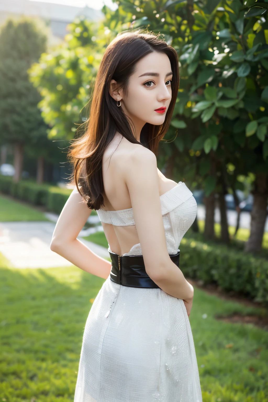 ((top quality、8K、Masterpiece:1.3))、Extremely delicate beautiful girl,huge breasts,bigger breasts,amazing breast size,G cup,Sunset。Wear big earrings,Very white skin,moist red lips,Waist is very thin,Thighs are very thin,big ass,exposed,fair and smooth skin,Smooth and fair skin,flawless skin,Fair and shiny skin,cold white skin,The camera focuses on the chest,bright light,Bandeau dress,transparent skirt,Openwork skirt,exposed的肩膀,white hair,The hair is gray,后背exposed到臀部,后背exposed到腰臀线,Smooth white back,Stand sideways,Straight posture